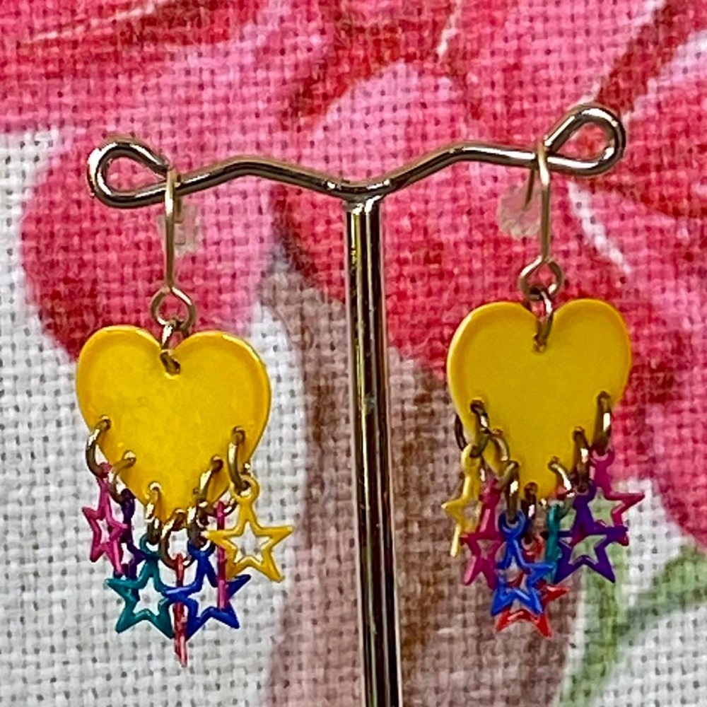 Vintage Enamel Sunny Yellow Hearts and Stars Drop Dangle Statement Earrings